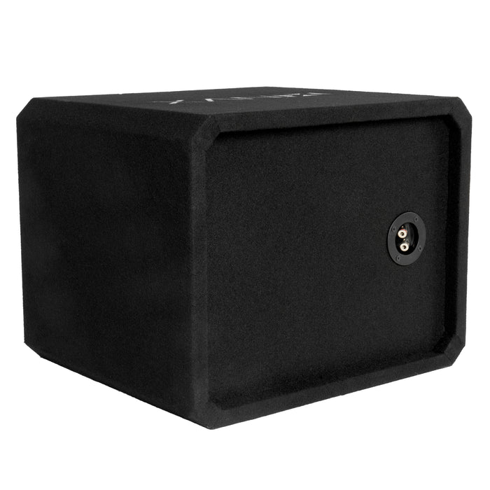 NE101P Single 10" Slot Ported 3/4" MDF Black Carpeted Subwoofer Enclosure – 1.5 Cu. Ft. with Polyfil and NVX Logo
