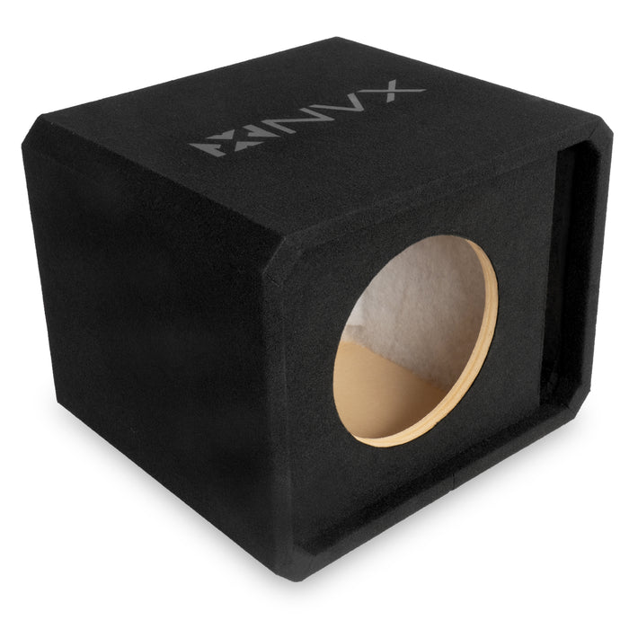 NE101P Single 10" Slot Ported 3/4" MDF Black Carpeted Subwoofer Enclosure – 1.5 Cu. Ft. with Polyfil and NVX Logo