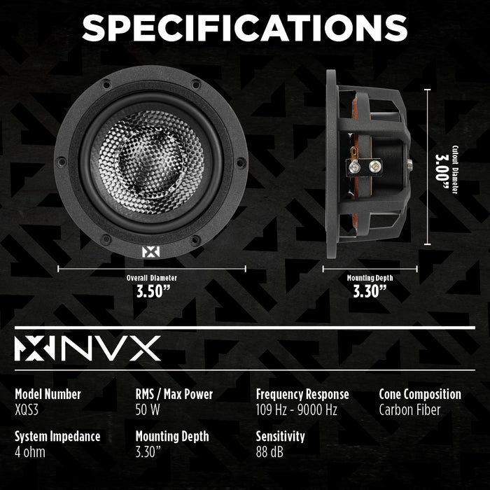 XQS3 200W Peak (100W RMS) 3.5" X-Series Midrange Speakers with Carbon Fiber Cones