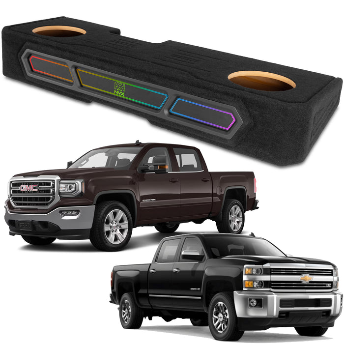 Custom Dual 10" Under-seat Sealed Unloaded Subwoofer Enclosure with LED Lighting for 2008-2018 Chevrolet Silverado and GMC Sierra Crew Cab Trucks | BE-GM-08SLVCC-S210