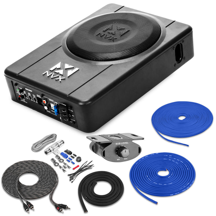 QBUS8P 300W Peak (150W) RMS 8" Ported Amplified Loaded Under Seat Subwoofer System with Remote Bass Knob and Amplifier Wiring Kit